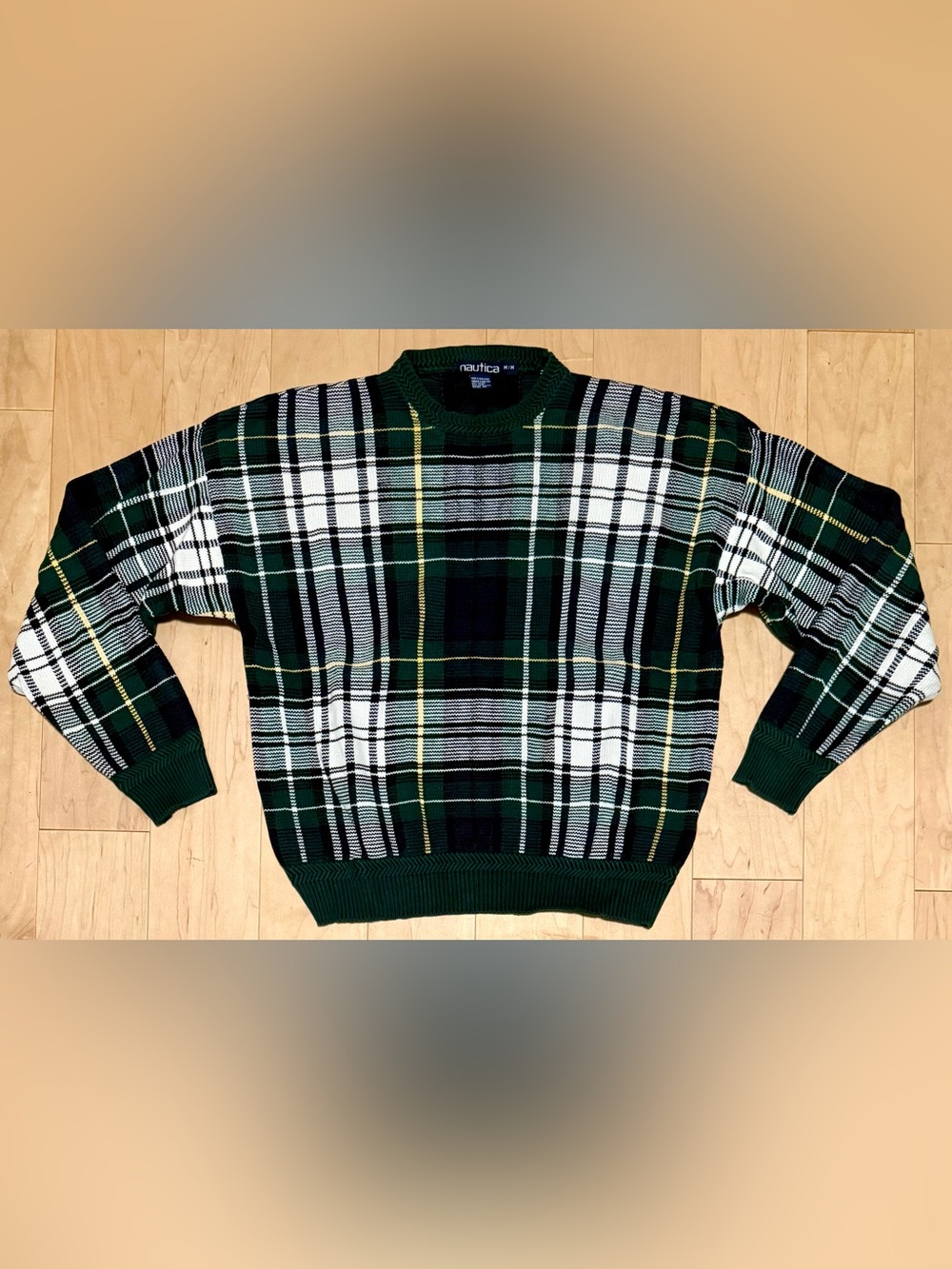 VTG Nautica Crewneck Sweater Green Plaid Chunky Knit Heavyweight Men’s Medium